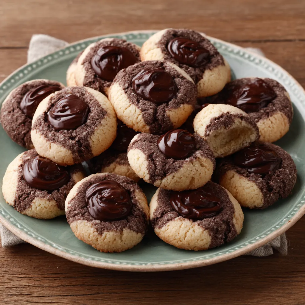 Close-up of finished Chocolate Thumbprint Cookies on a baking sheet, ready to be eaten.