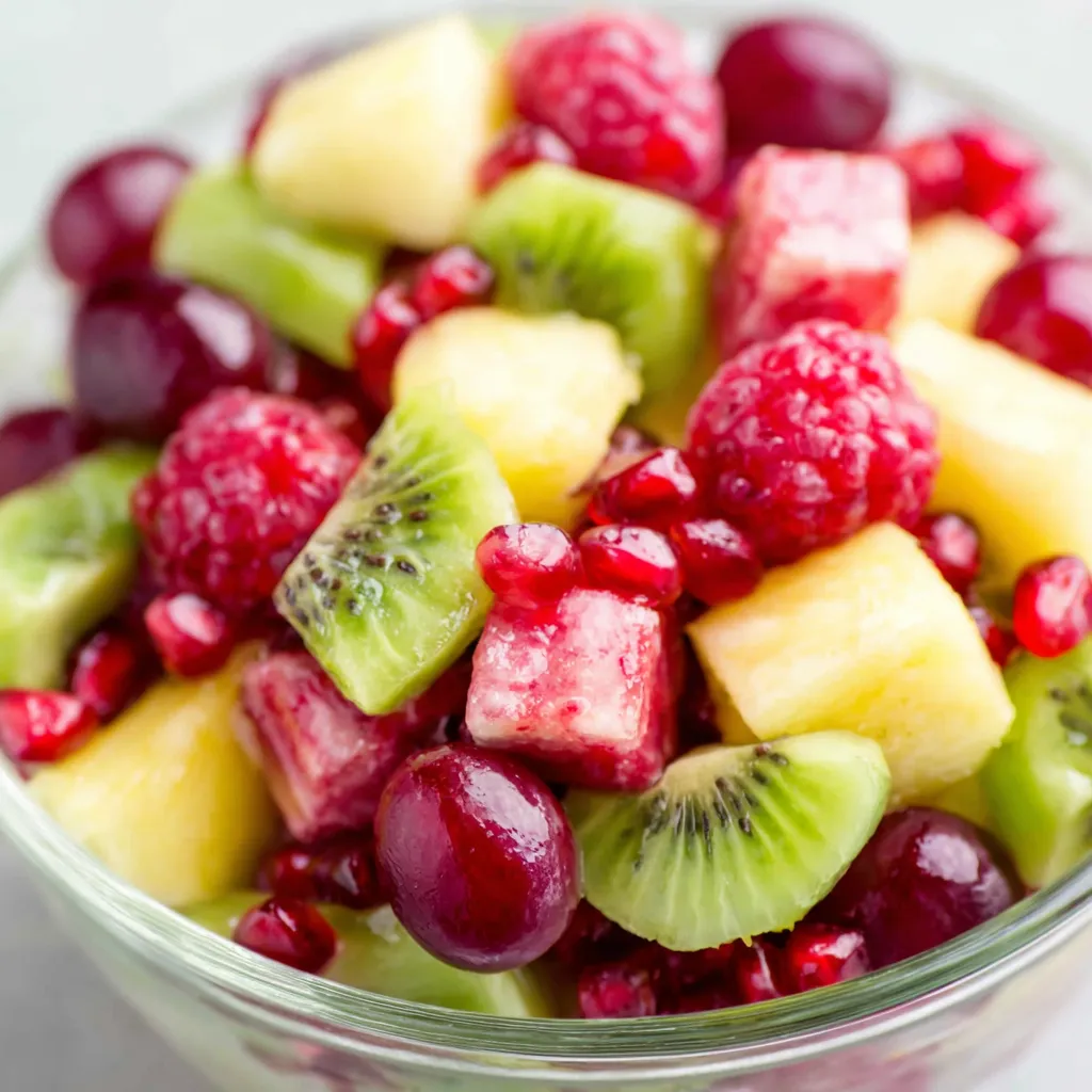 A close-up view showcasing the vibrant colors and fresh ingredients of a delicious Christmas Fruit Salad.