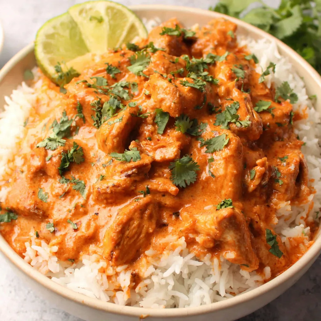 Delicious Coconut Chicken And Rice served in a bowl, showcasing the creamy sauce and fluffy rice.