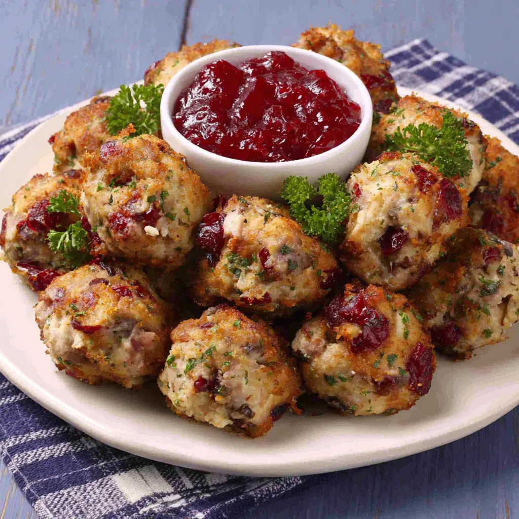 Close-up of flavorful Cranberry Turkey Stuffing Balls, showcasing their moist texture and appealing presentation.