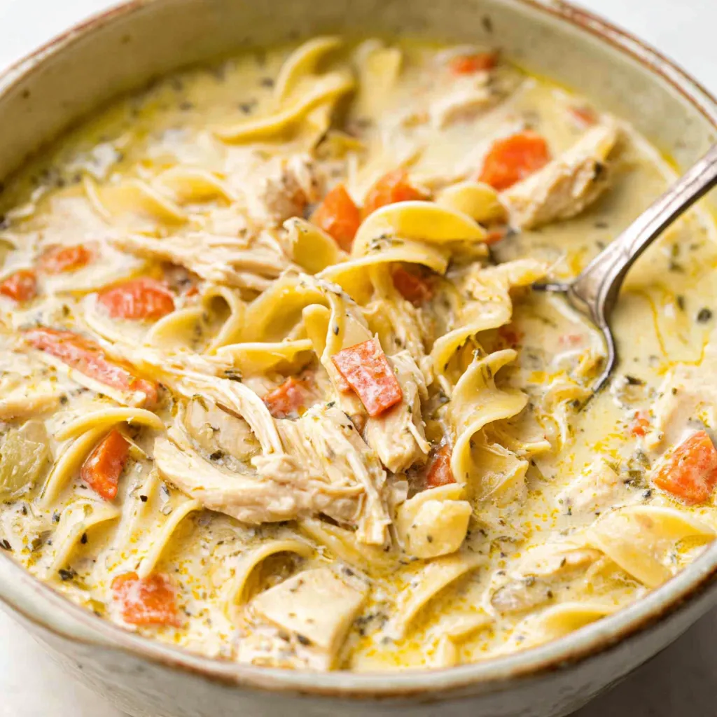 Creamy Chicken Pasta Soup served in a bowl, showcasing its creamy texture and pasta ingredients.