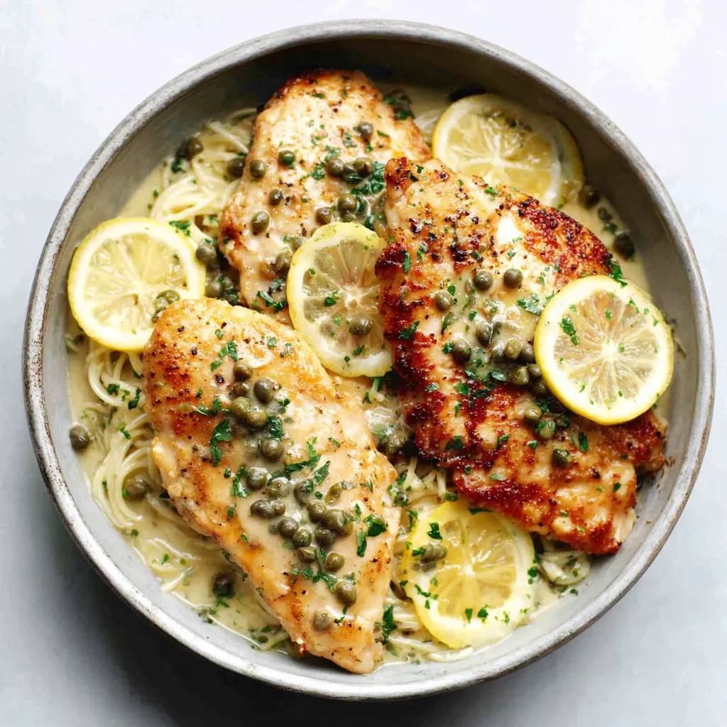 Creamy Lemon Chicken Piccata plated and ready to be served, showcasing its rich sauce and golden-brown chicken.