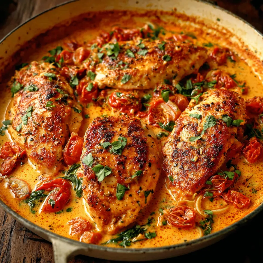 Close-up of creamy sauce and herbs coating tender chicken in this Creamy Tuscan Chicken dish.