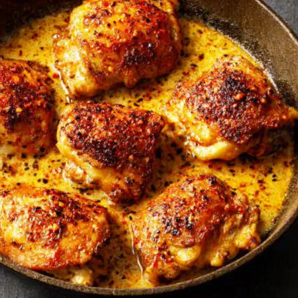 Close-up shows perfectly browned and Crispy Skillet Chicken Thighs sizzling in a cast iron skillet, ready to be served.