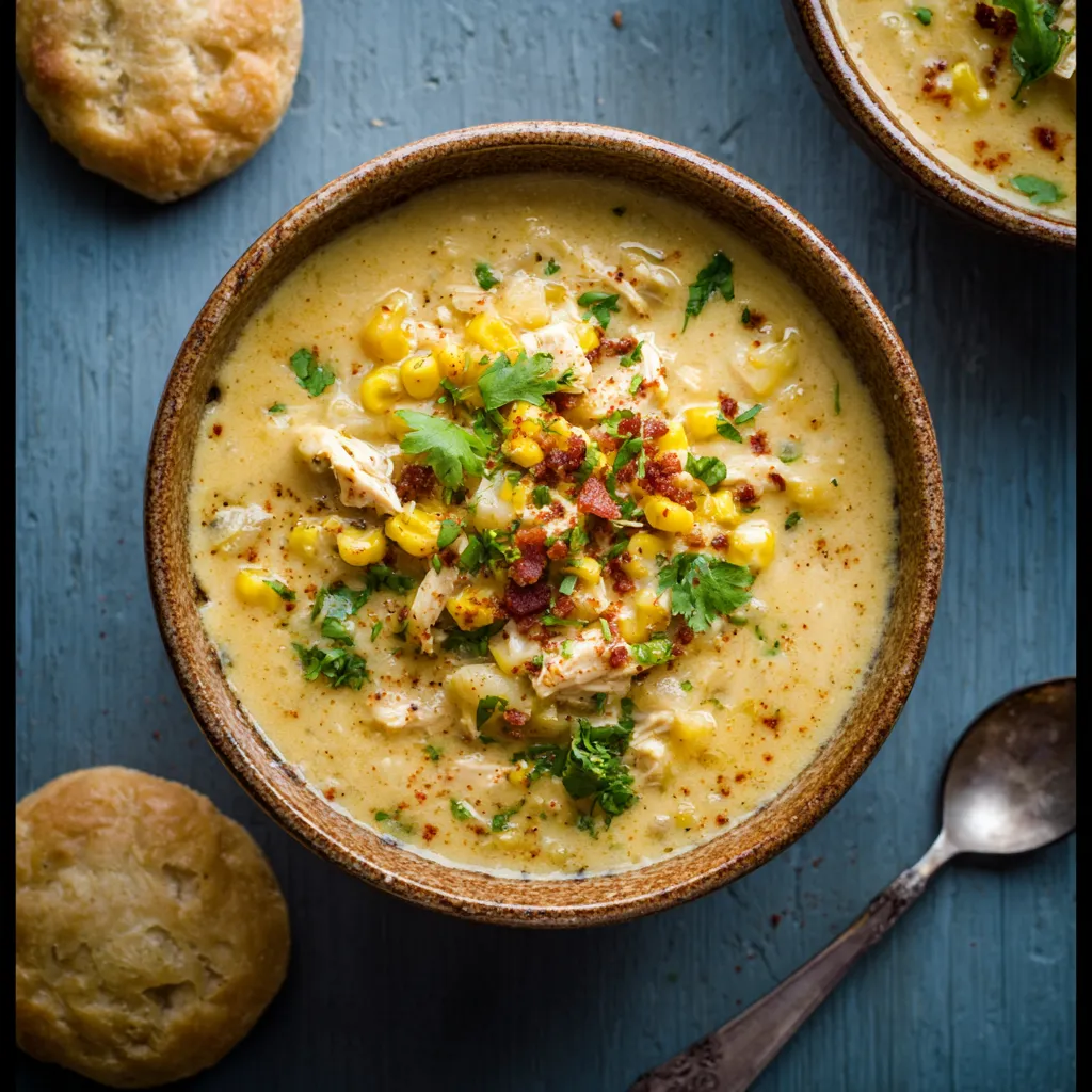 A comforting bowl of Crockpot Chicken Corn Chowder is shown as a secondary image in a recipe article.