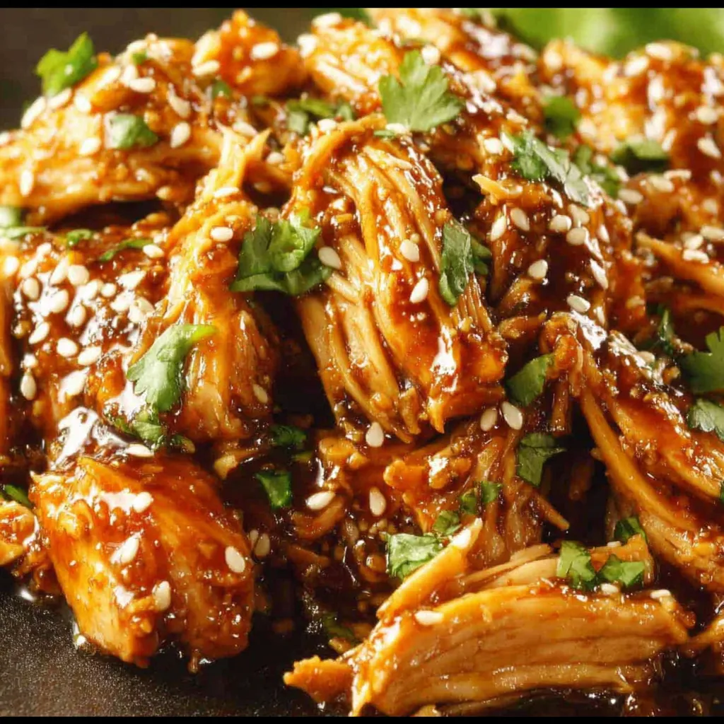 Close-up of flavorful Crockpot Teriyaki Chicken served in a bowl, showcasing its glistening sauce and tender texture.