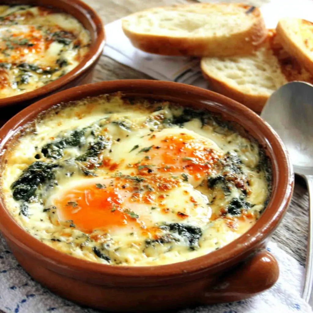 Close-up shot of delicious Baked Eggs Florentine, showcasing perfectly baked eggs nestled in a creamy spinach and cheese base.
