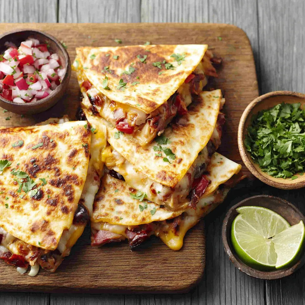 Close-up of delicious BBQ Chicken Quesadillas, showcasing the melted cheese and grilled chicken filling.