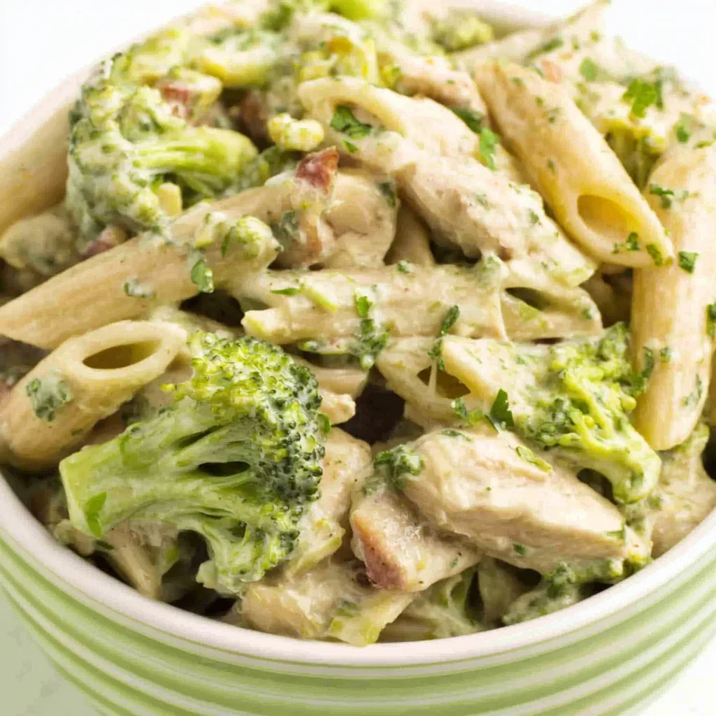 A close-up shot showcases a delicious serving of Broccoli Chicken Penne, perfect for a comforting and flavorful meal.