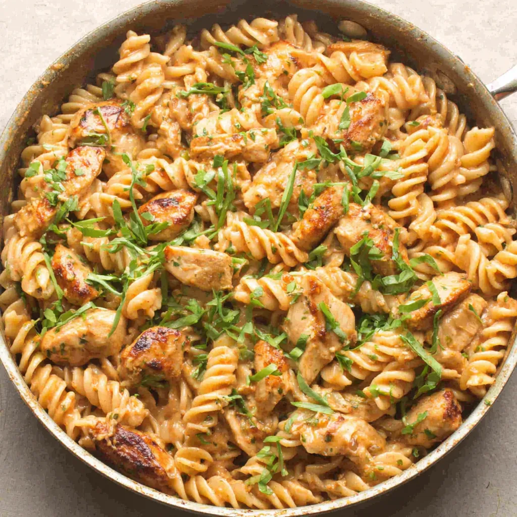 A close-up shot showcases a creamy and vibrant plate of Cajun Chicken Rotini, highlighting the tender chicken and colorful vegetables mixed with perfectly cooked pasta.