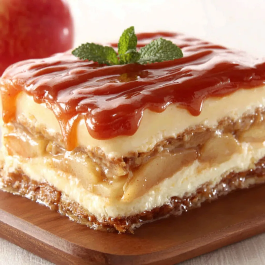 Close-up view of a slice of Caramel Apple Eclair Cake showing the creamy filling and apple topping.