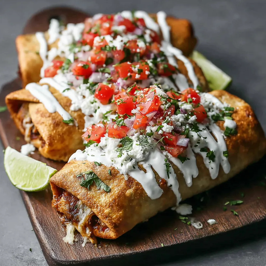Close-up of delicious Chicken Chimichangas, showcasing the golden-brown, crispy exterior and savory filling.