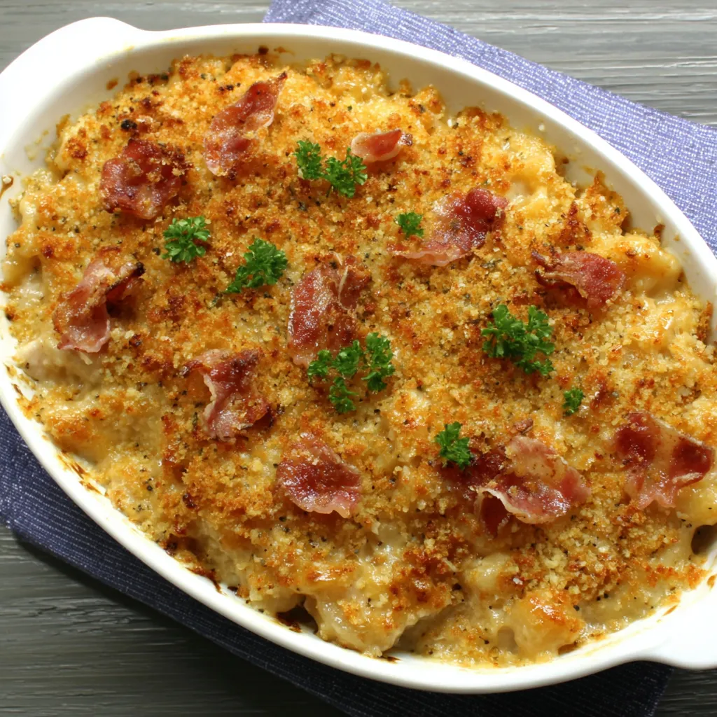 A close-up shot showcases a freshly baked Chicken Cordon Bleu Casserole with a golden-brown, bubbly topping.