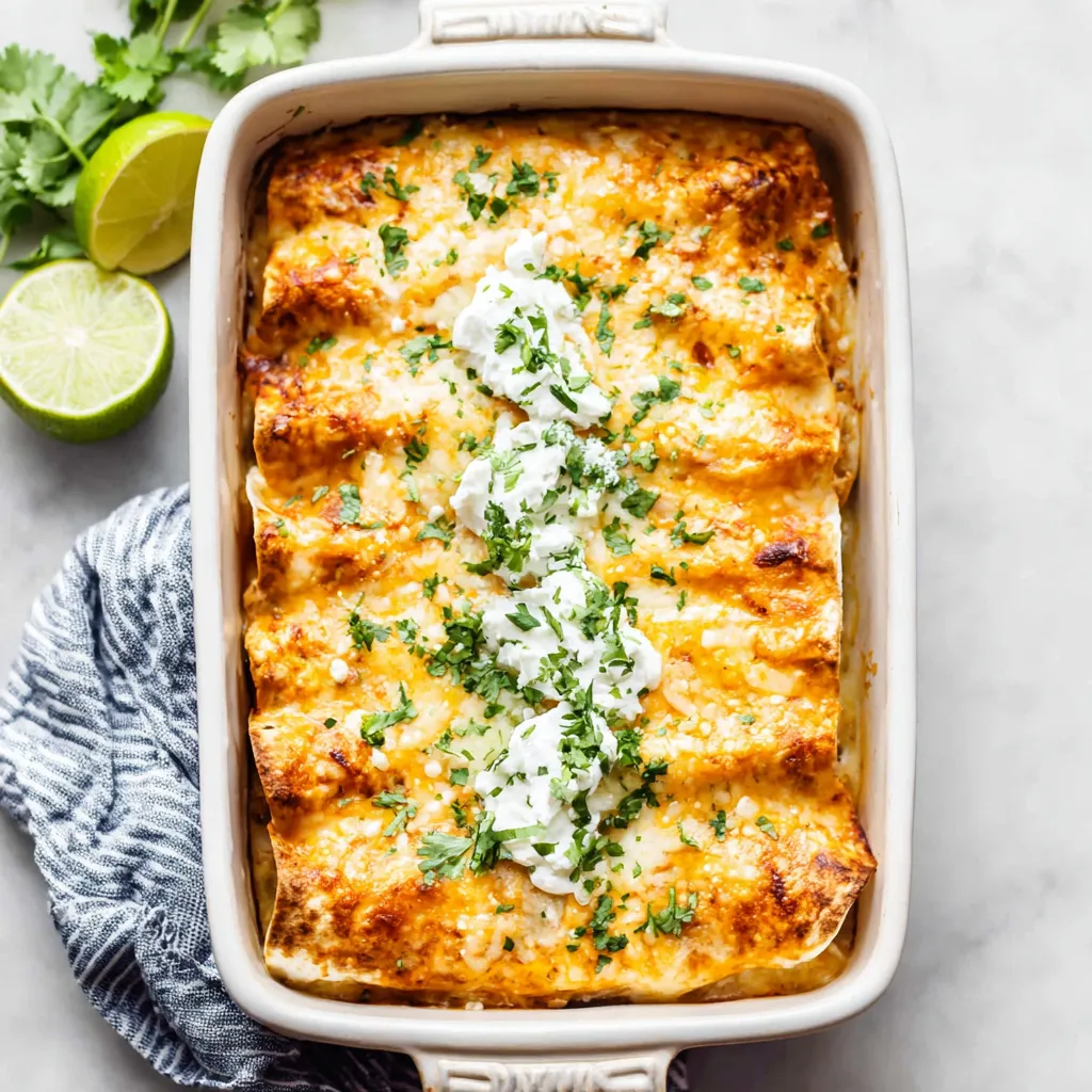 A close-up shows delicious, cheesy Chicken Enchiladas ready to be served as part of the recipe instructions.