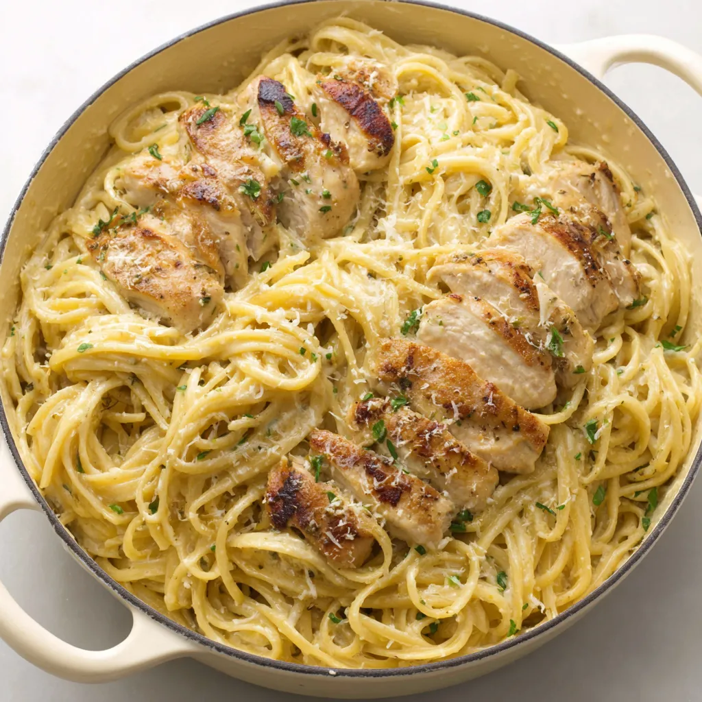 Close-up shot of creamy Chicken Garlic Parmesan Pasta, ready to eat.