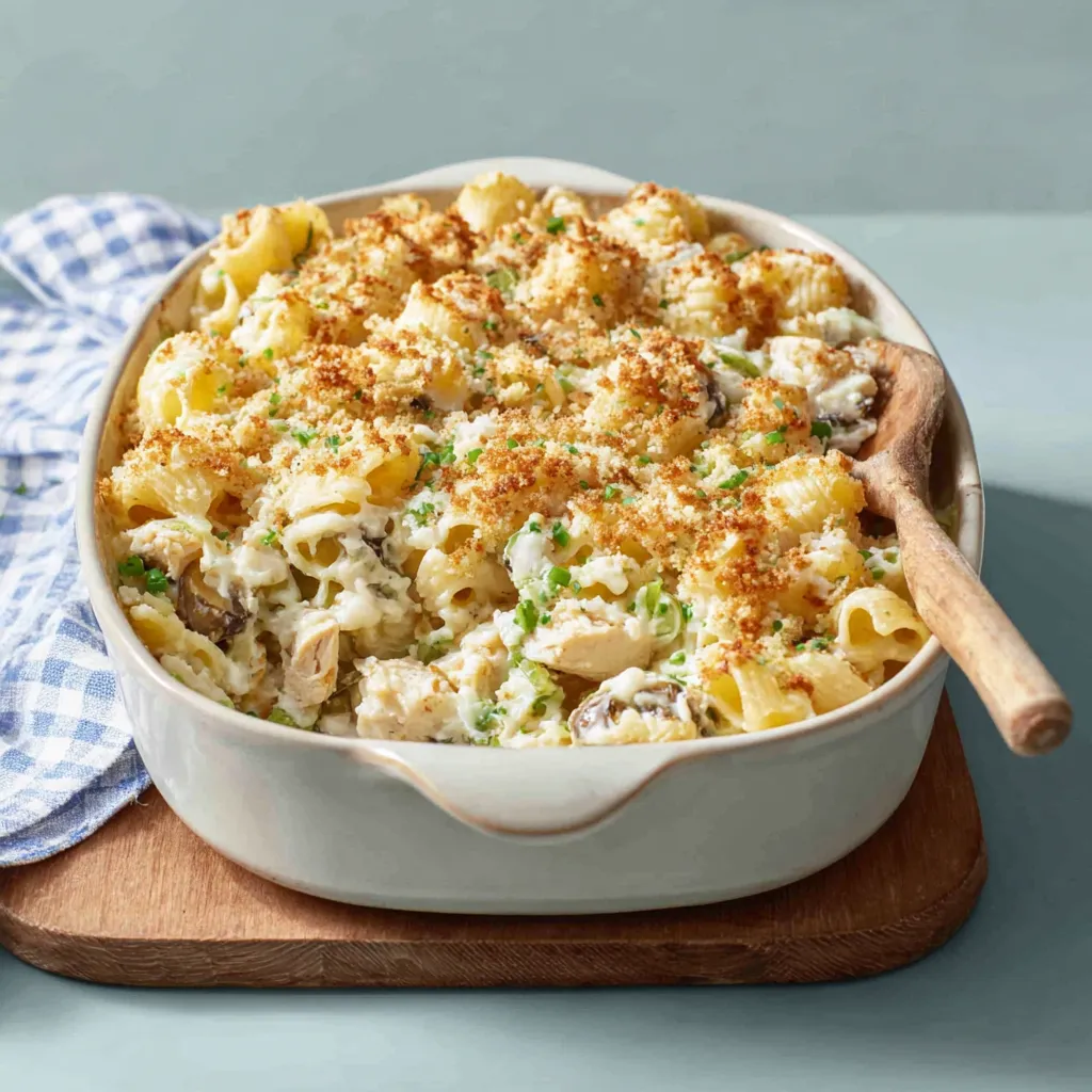 Close-up of a delicious Chicken Pasta Bake ready to be served, showcasing its golden-brown crust and creamy filling.