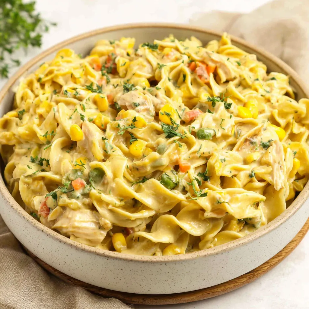 Creamy Chicken Pot Pie Pasta filling served over pasta in a bowl for a comforting weeknight meal.