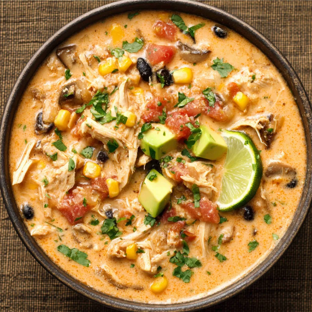 A close-up view showcases a vibrant bowl of Chicken Taco Soup, highlighting the colorful ingredients and rich broth.
