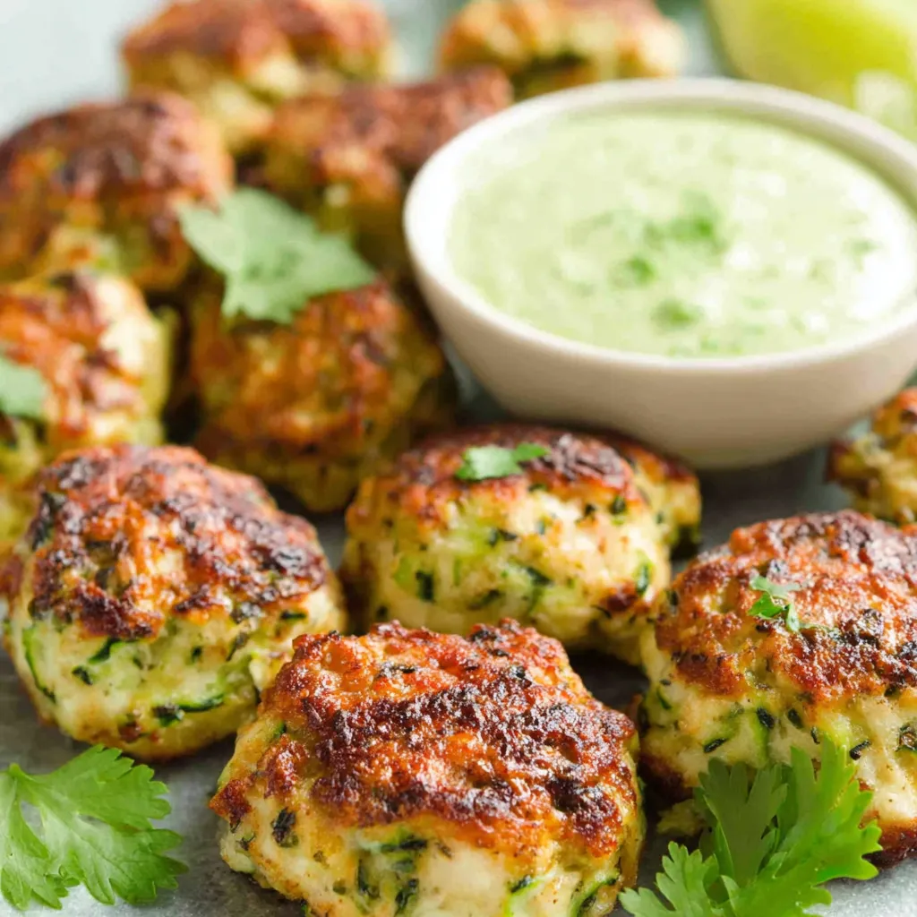 Close-up of golden-brown Chicken Zucchini Poppers, ready to be enjoyed as a healthy snack or appetizer.