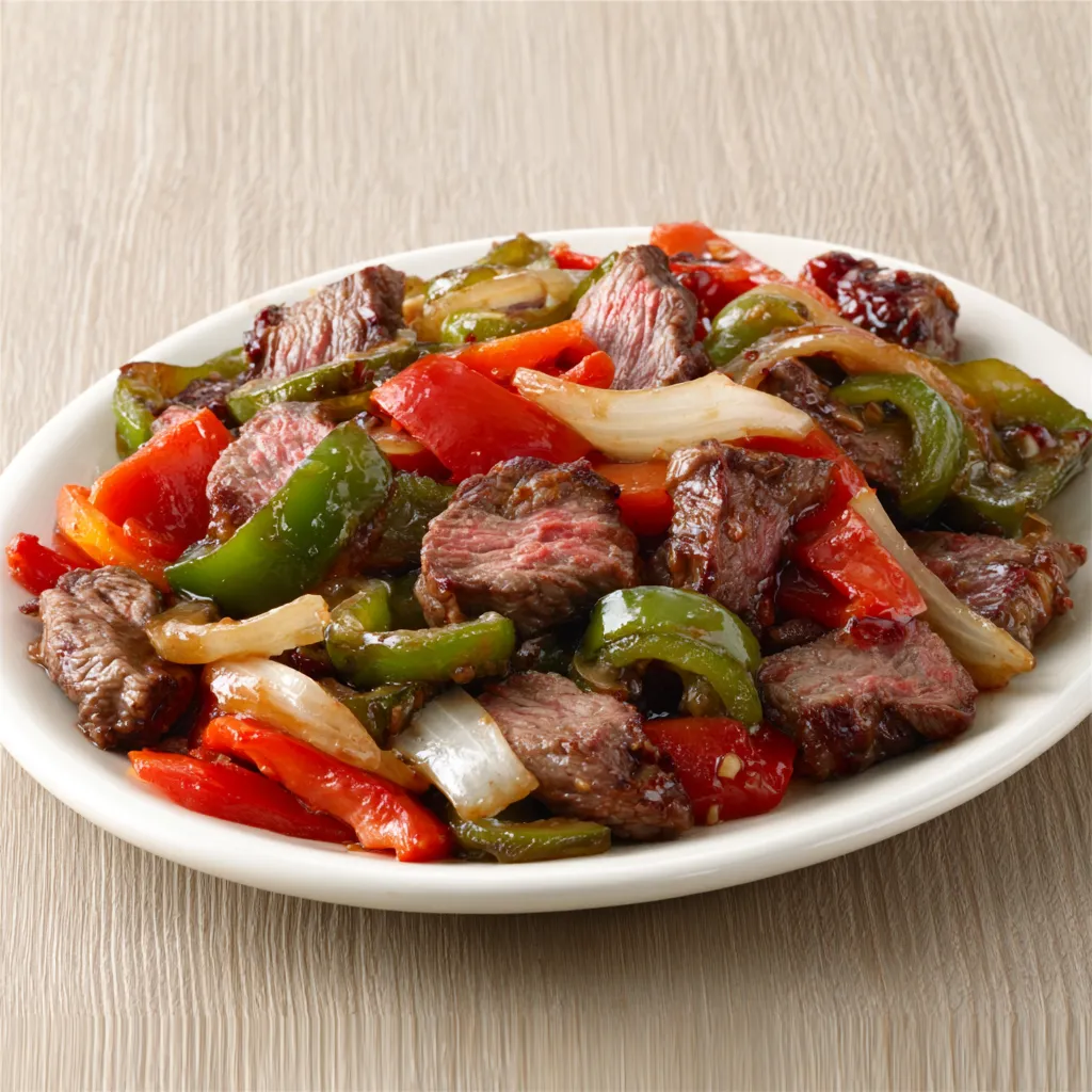 A close-up shot showcases a second serving of delicious, homemade Chinese Pepper Steak with vibrant bell peppers and tender beef.