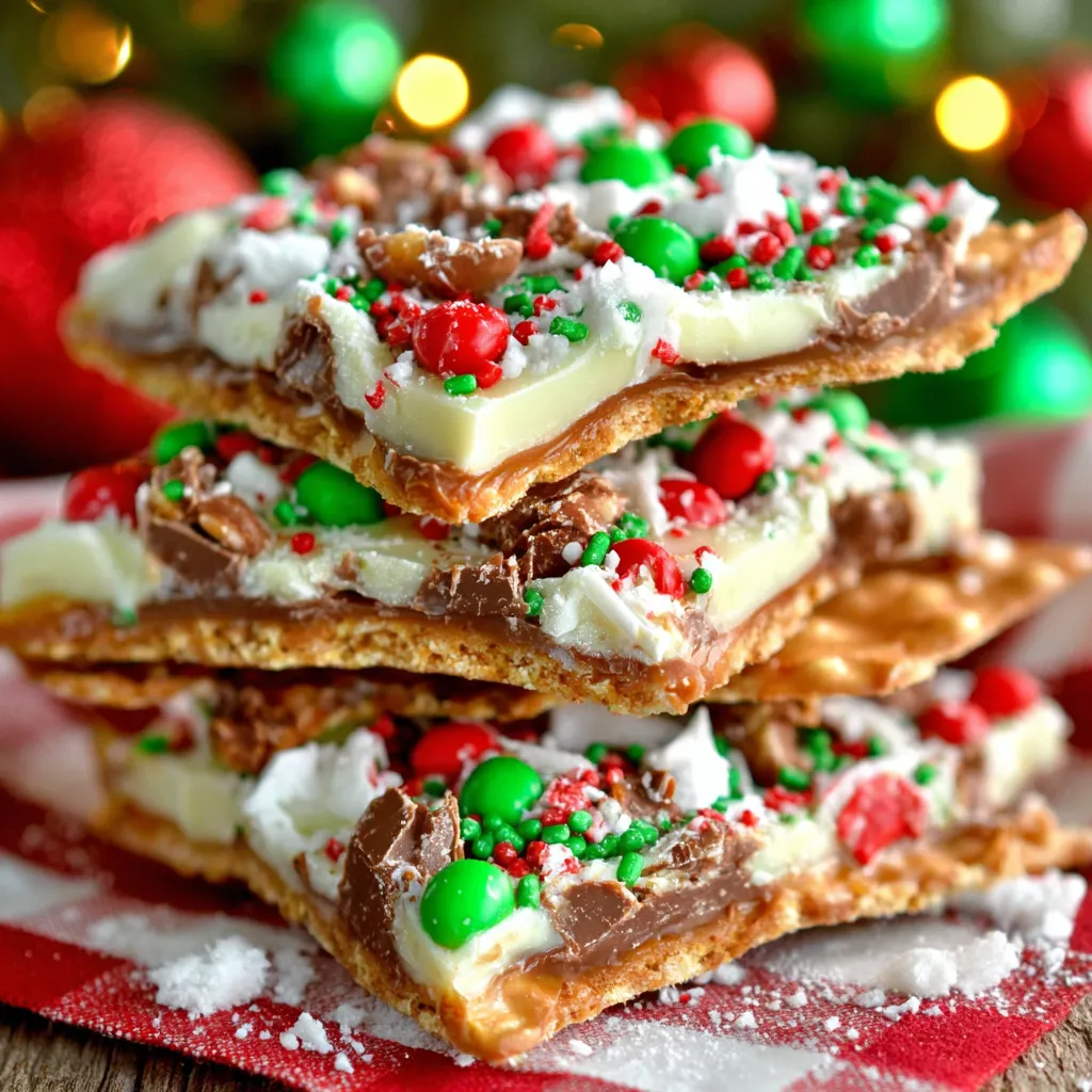 A close-up shot of delicious, homemade Christmas Crack candy shows its layers of toffee, chocolate, and sprinkles.