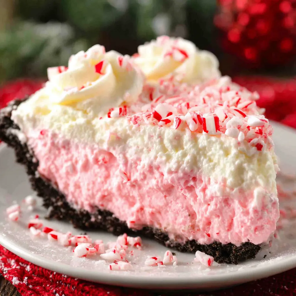 A close-up shows a slice of delicious Christmas Peppermint Pie with its creamy layers and peppermint candy topping.