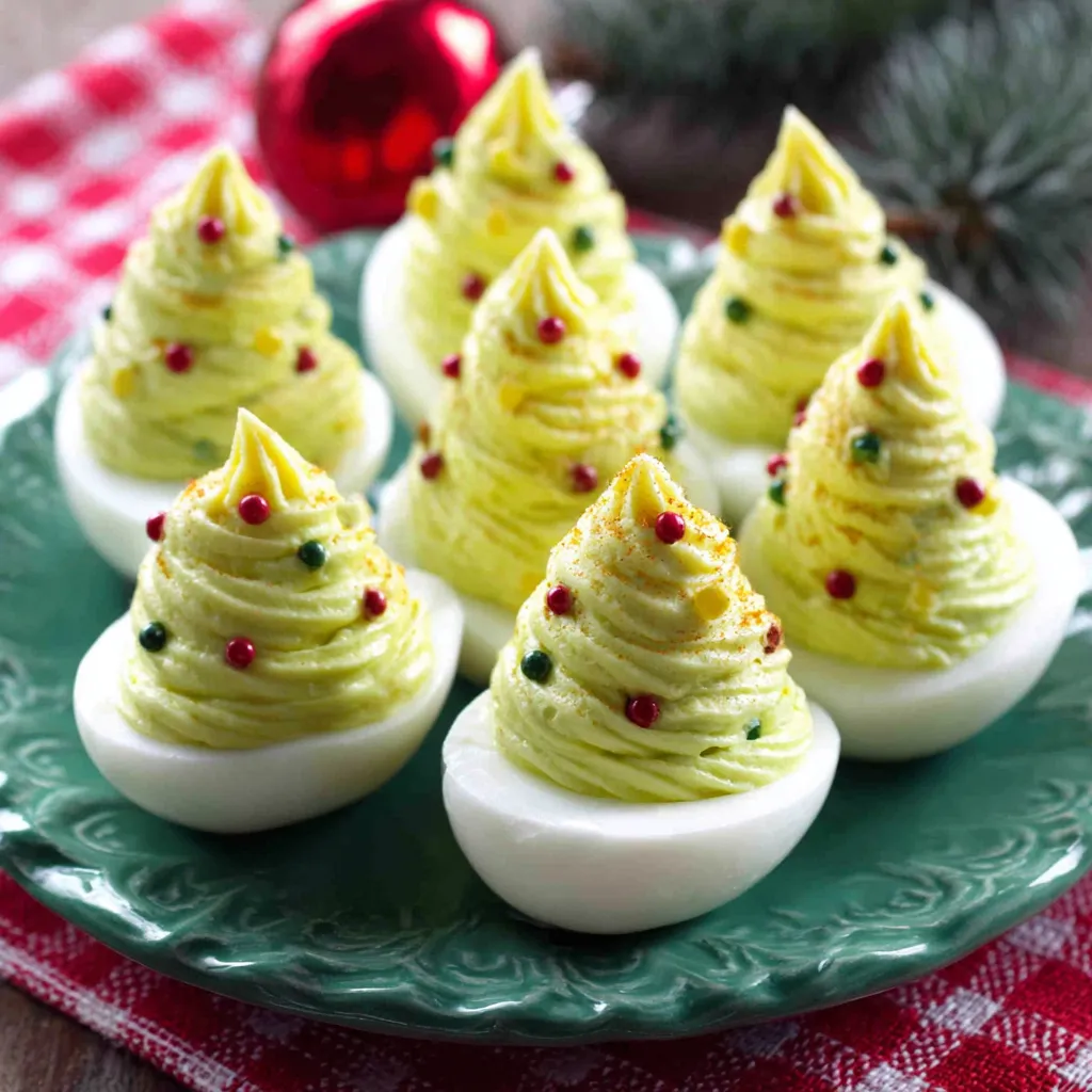 A festive platter displays the finished Christmas Tree Deviled Eggs, each garnished with colorful sprinkles and a pretzel stick for a trunk.