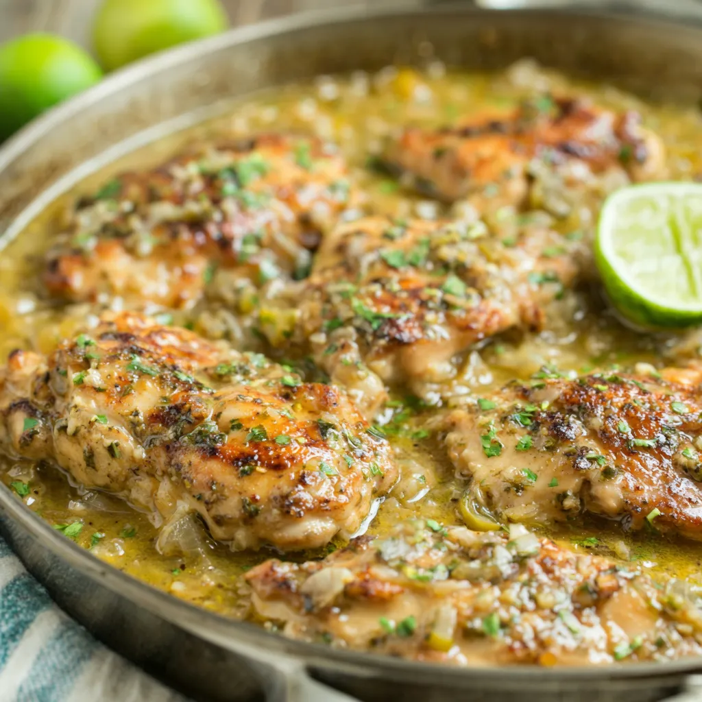 Creamy Keto Green Chili Chicken is pictured in a close-up second image showcasing its creamy sauce and delicious texture.