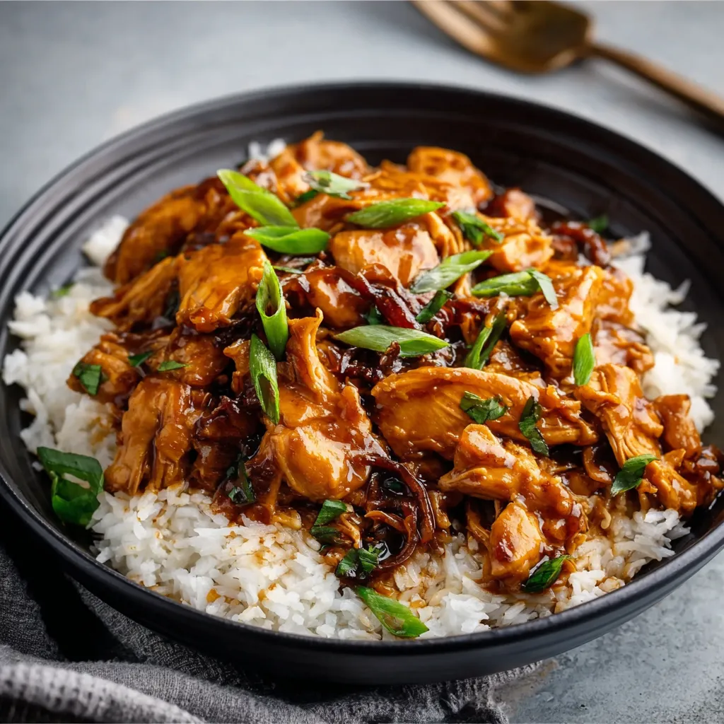 Close-up of flavorful Bourbon Chicken dish served in a white bowl, showcasing its glistening sauce and tender chicken pieces.