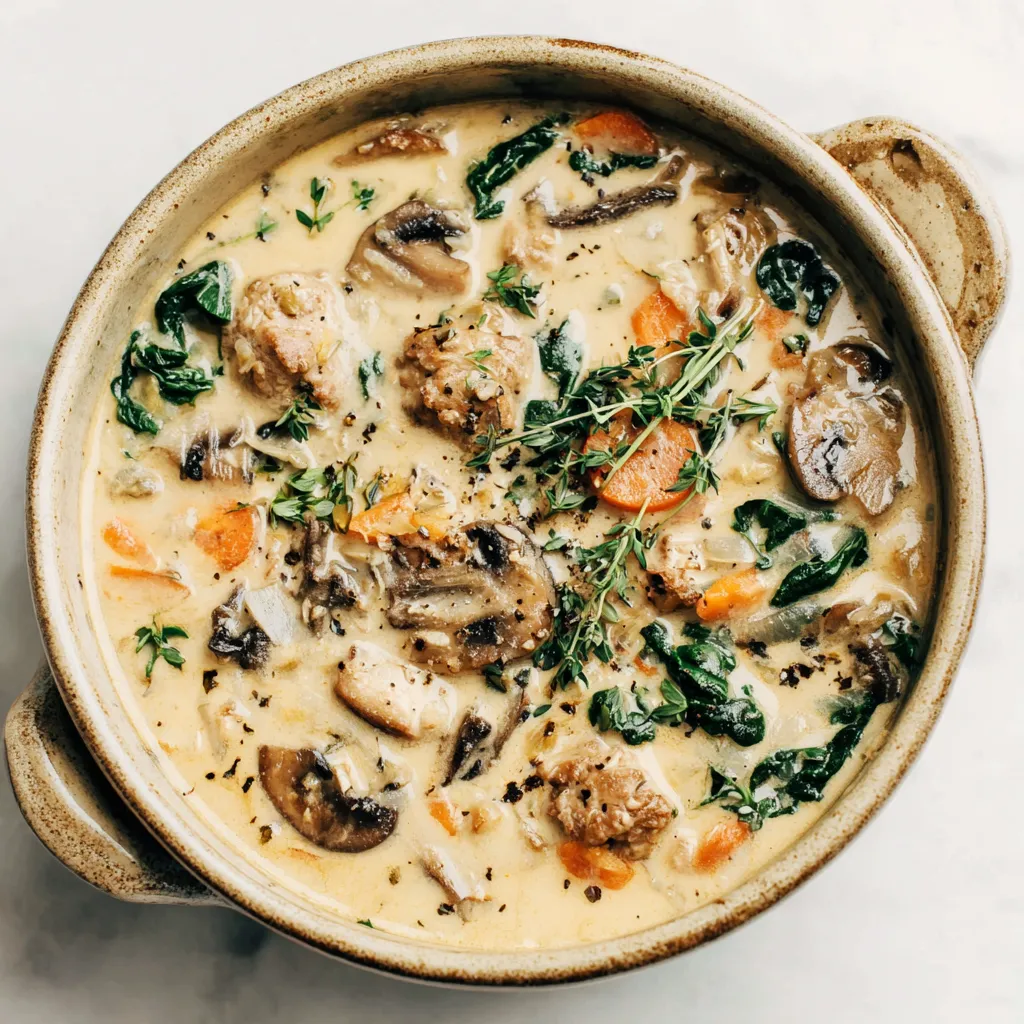 Close-up view of hearty, homemade Crockpot Soups simmering in a slow cooker, ready to be served.
