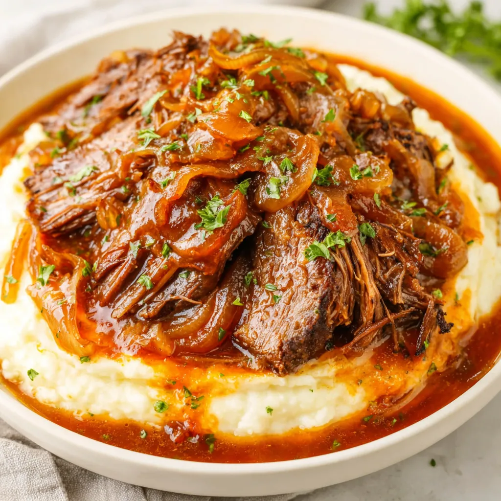 Close-up view of a delicious French Onion Pot Roast after cooking, ready to be served.
