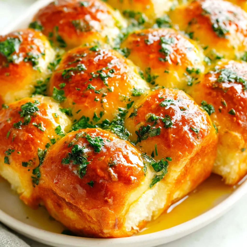 Close-up view of golden brown Garlic Butter Bread Rolls, showcasing their soft texture and buttery, garlicky glaze.