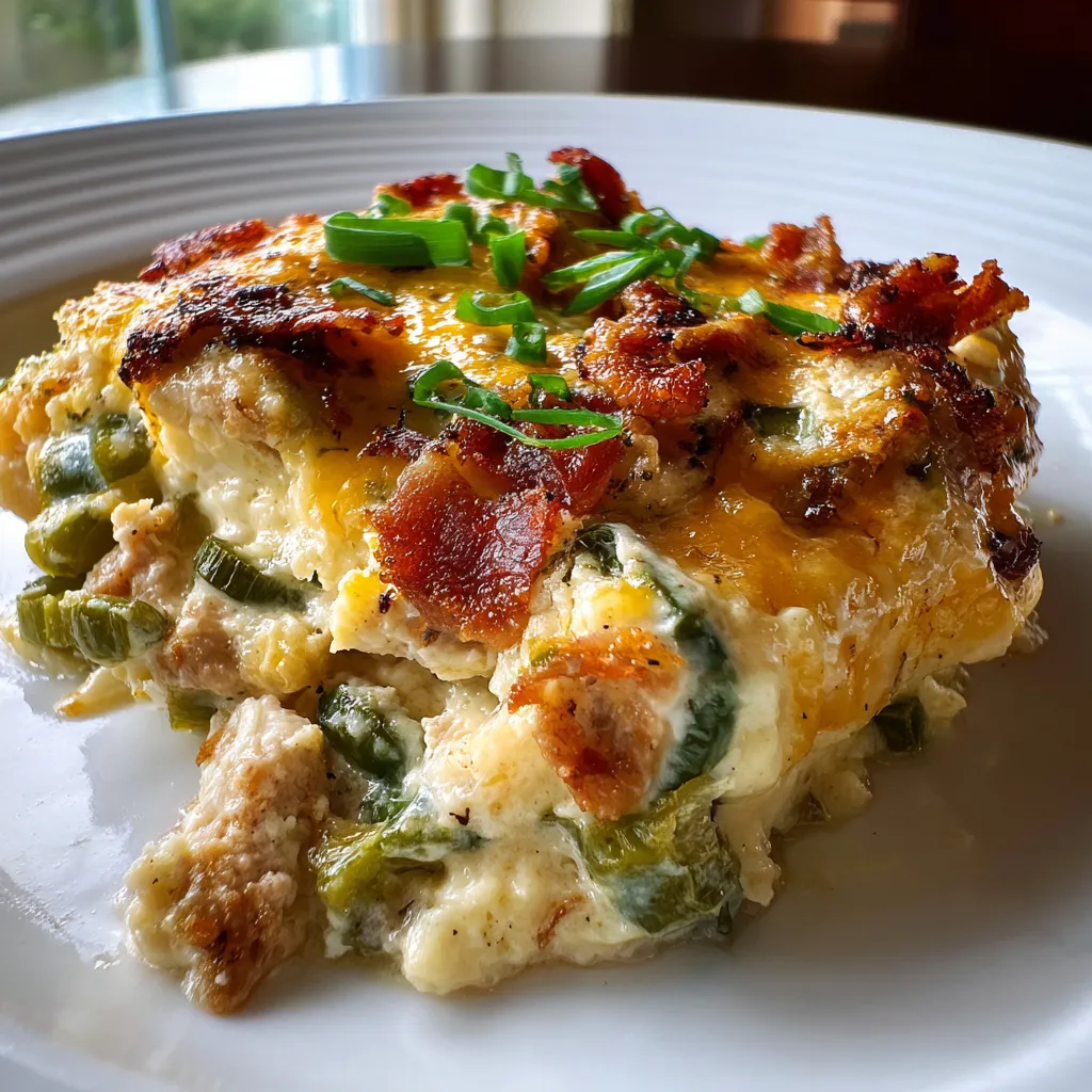 A close-up shot showcases the creamy, cheesy top layer of the freshly baked Jalapeno Popper Chicken Casserole.