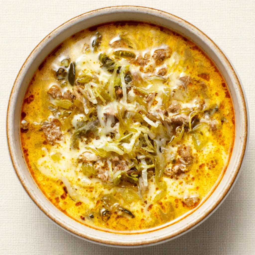 Close-up of a bowl of creamy Philly Cheesesteak Soup, showcasing the melted cheese and tender beef.