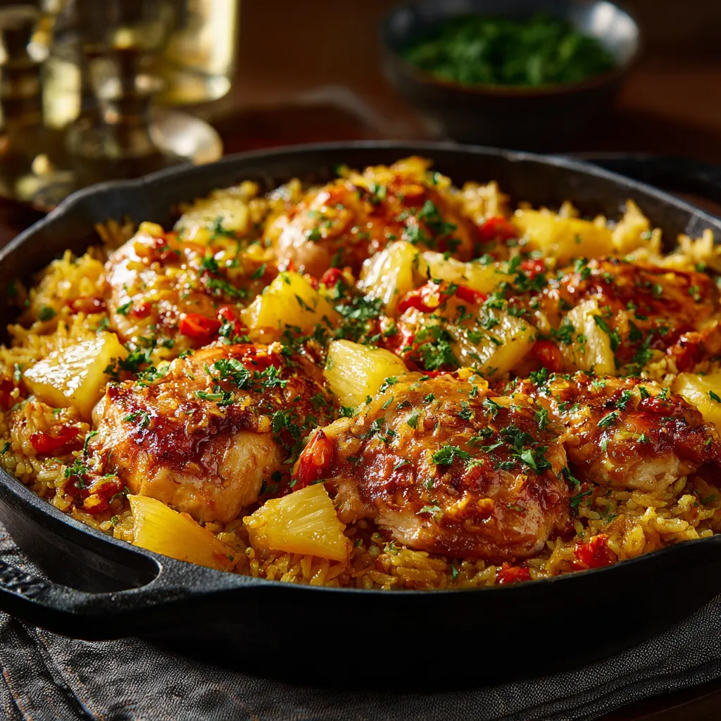 Close-up shot of delicious Pineapple Chicken And Rice, showcasing the vibrant colors and textures of the dish.