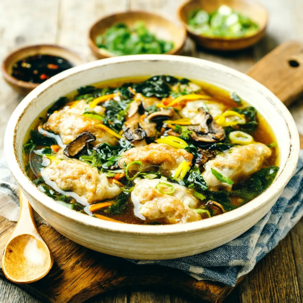 Close-up of delicious Potsticker Soup with visible potstickers and broth.