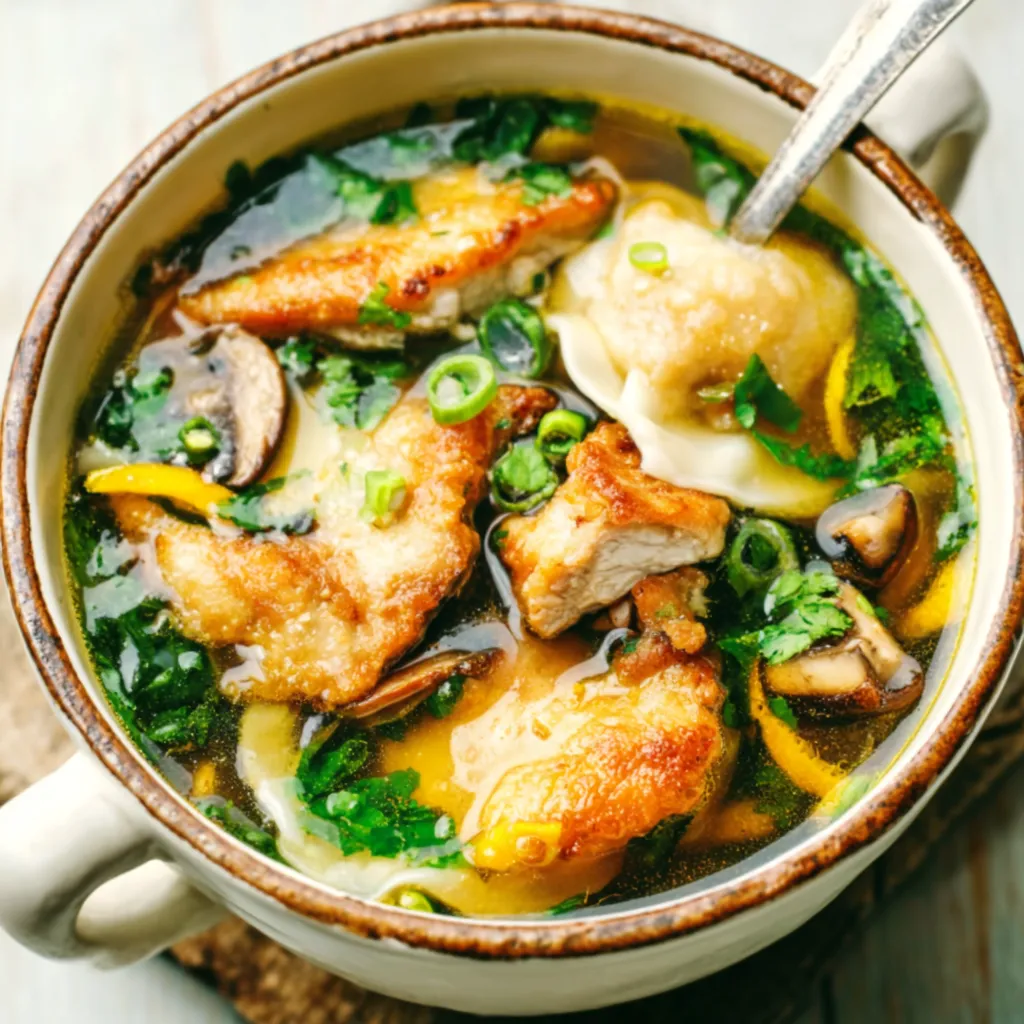 Close-up of a steaming bowl of Potsticker Soup, showcasing the flavorful broth and plump dumplings.