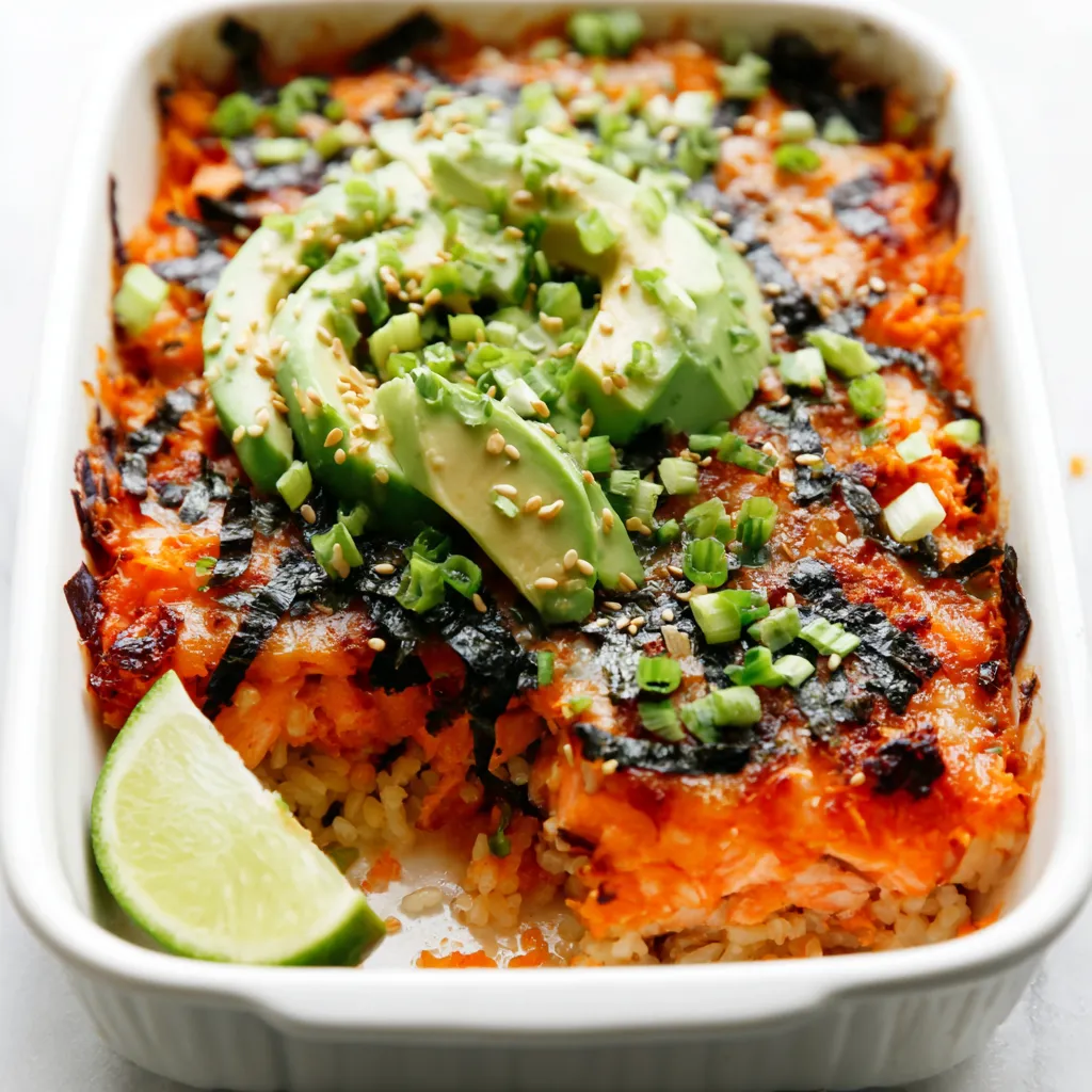 A close-up shot showcasing a delicious slice of Salmon Sushi Bake, revealing its layered ingredients and appealing texture.