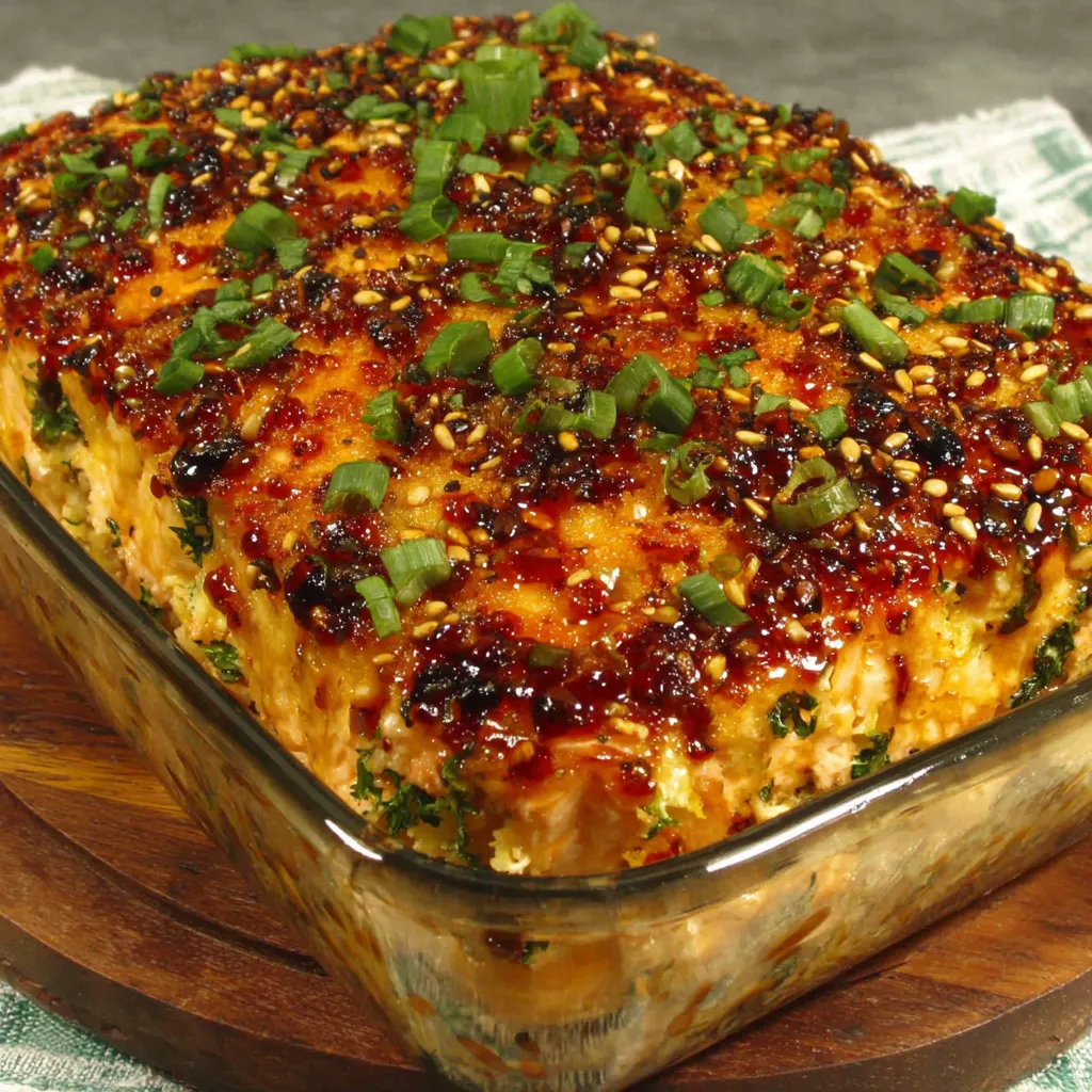Close-up view of a freshly baked Salmon Sushi Bake, showcasing its layers of rice, salmon, and creamy topping.