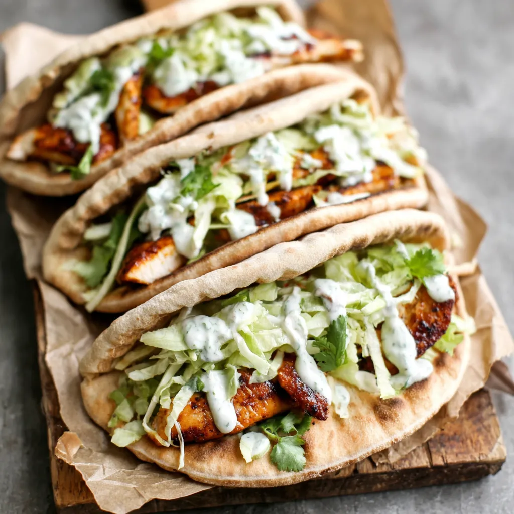 Close-up of delicious Sheet Pan Chicken Pitas, showcasing the juicy chicken and fresh toppings.