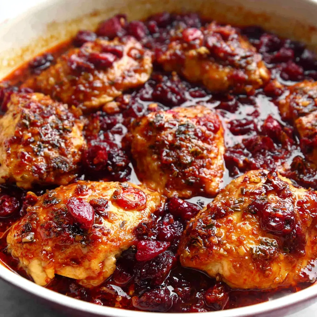 Close-up of savory Skillet Cranberry Orange Chicken in a cast iron skillet.