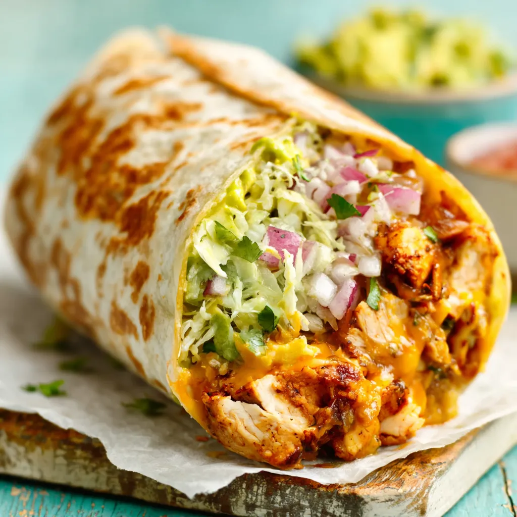 Close-up shot of a delicious Smothered Chicken Burrito, showcasing its cheesy topping and flavorful filling.