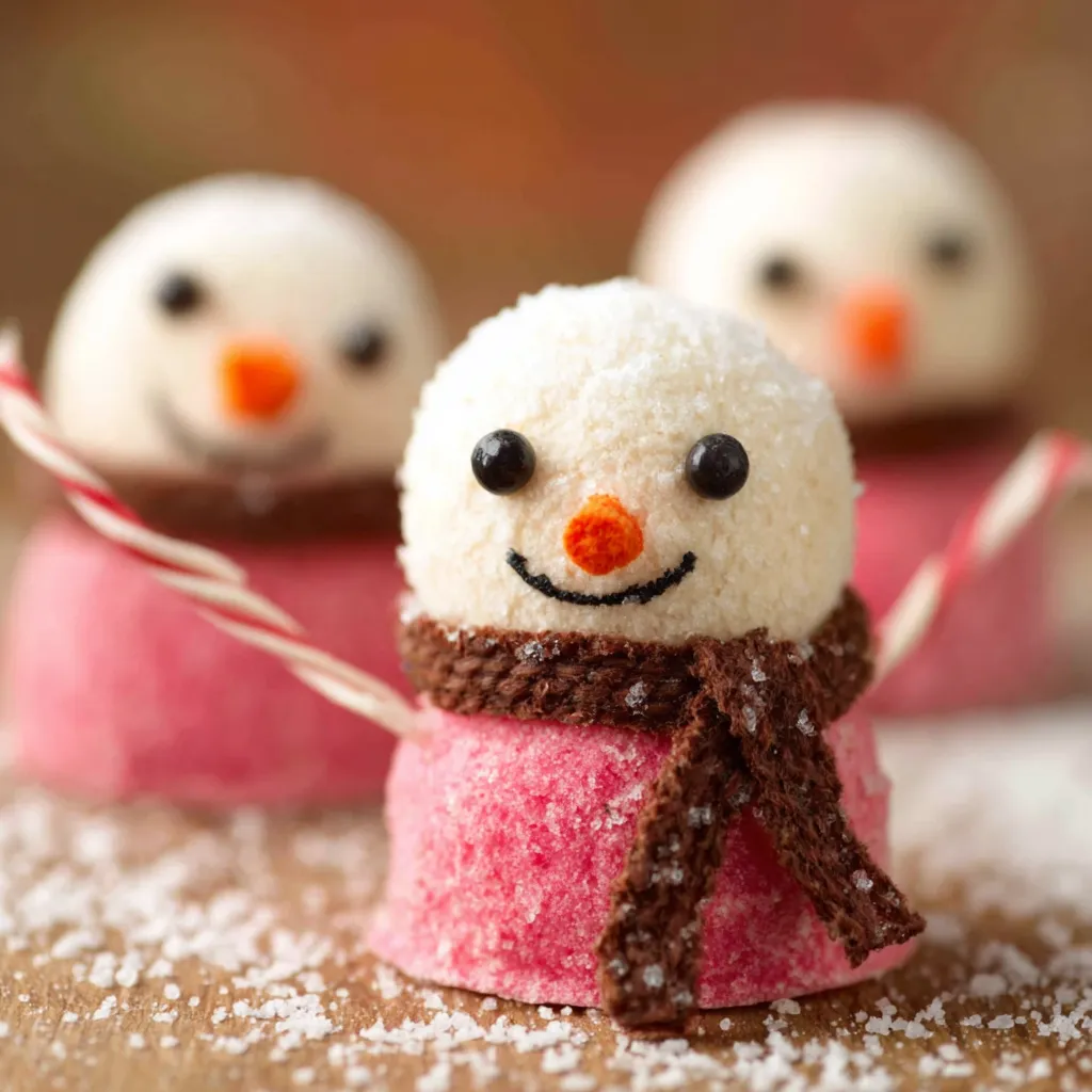 Detailed view of festive Snowman Truffles, perfect for a winter dessert.