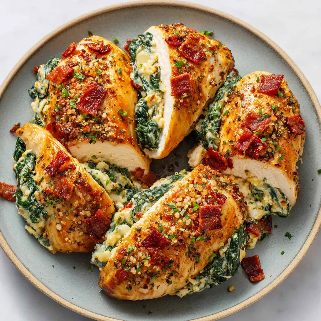 Close-up showing the cheesy spinach filling inside golden brown Spinach Stuffed Chicken Breasts.