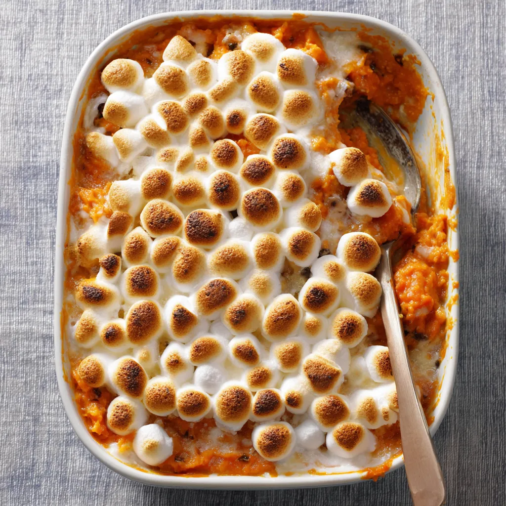 Close-up of a delicious Sweet Potato Casserole with toasted marshmallows, showcasing a second image in a food blog post.