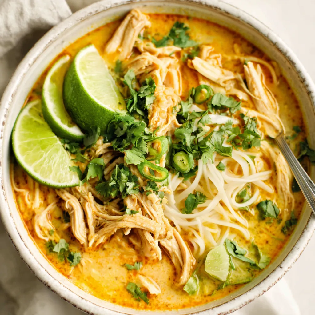 Close-up view of delicious Thai Chicken Soup served in a white bowl, showcasing its rich broth and vibrant ingredients.