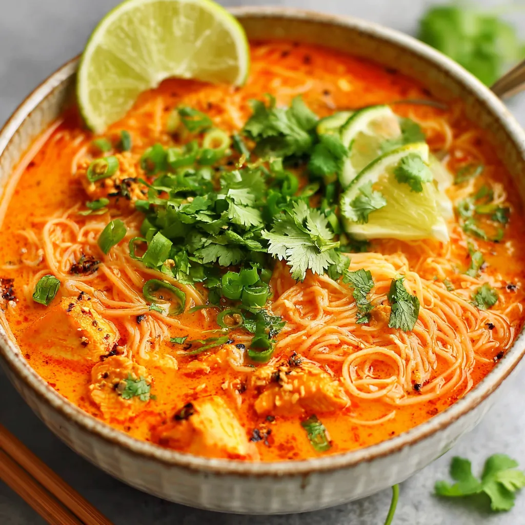 Close-up shot showcasing the vibrant colors and textures of the prepared Thai Red Curry Noodle Soup.