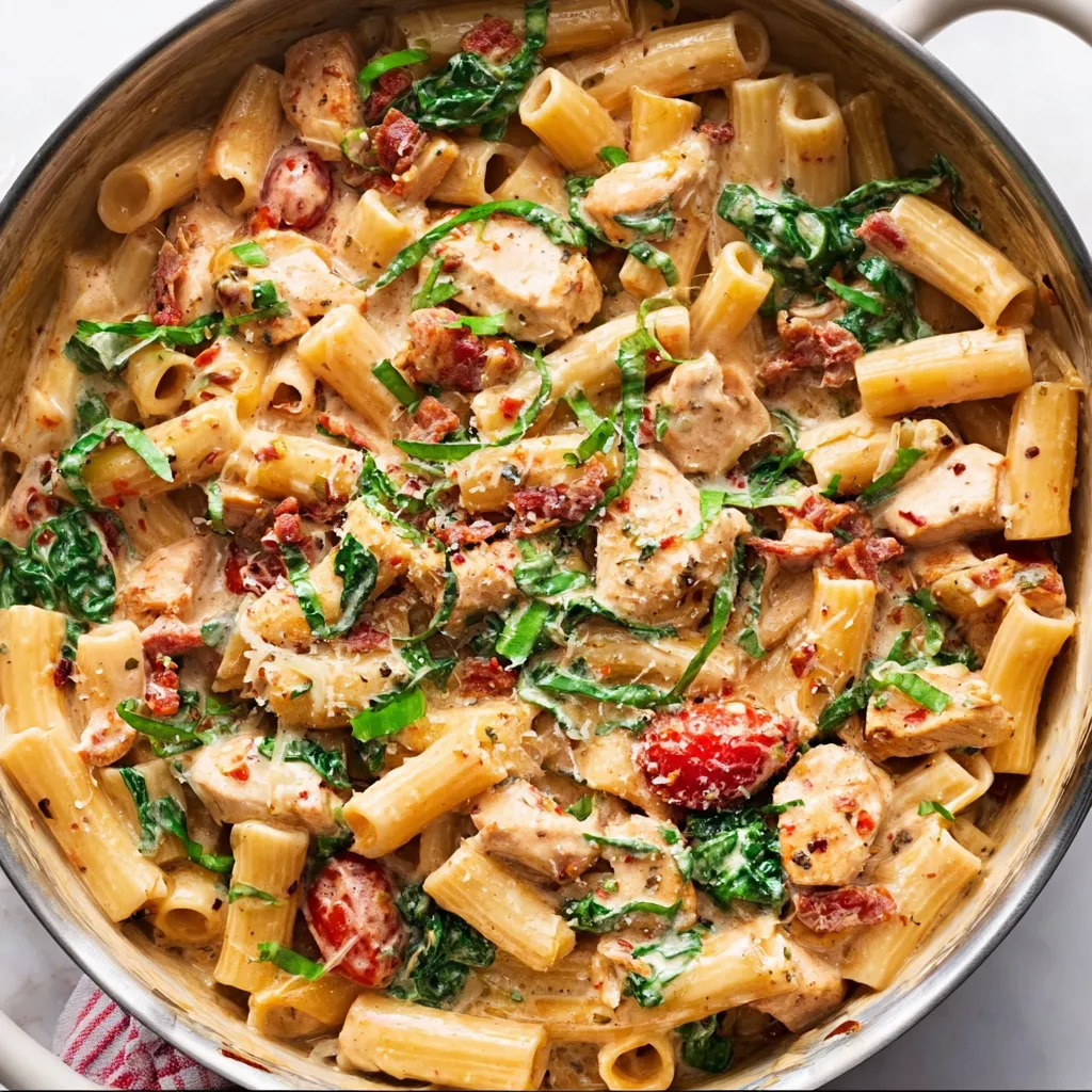 Close-up of creamy Tuscan Chicken Pasta, showcasing the sun-dried tomatoes and spinach in the dish.
