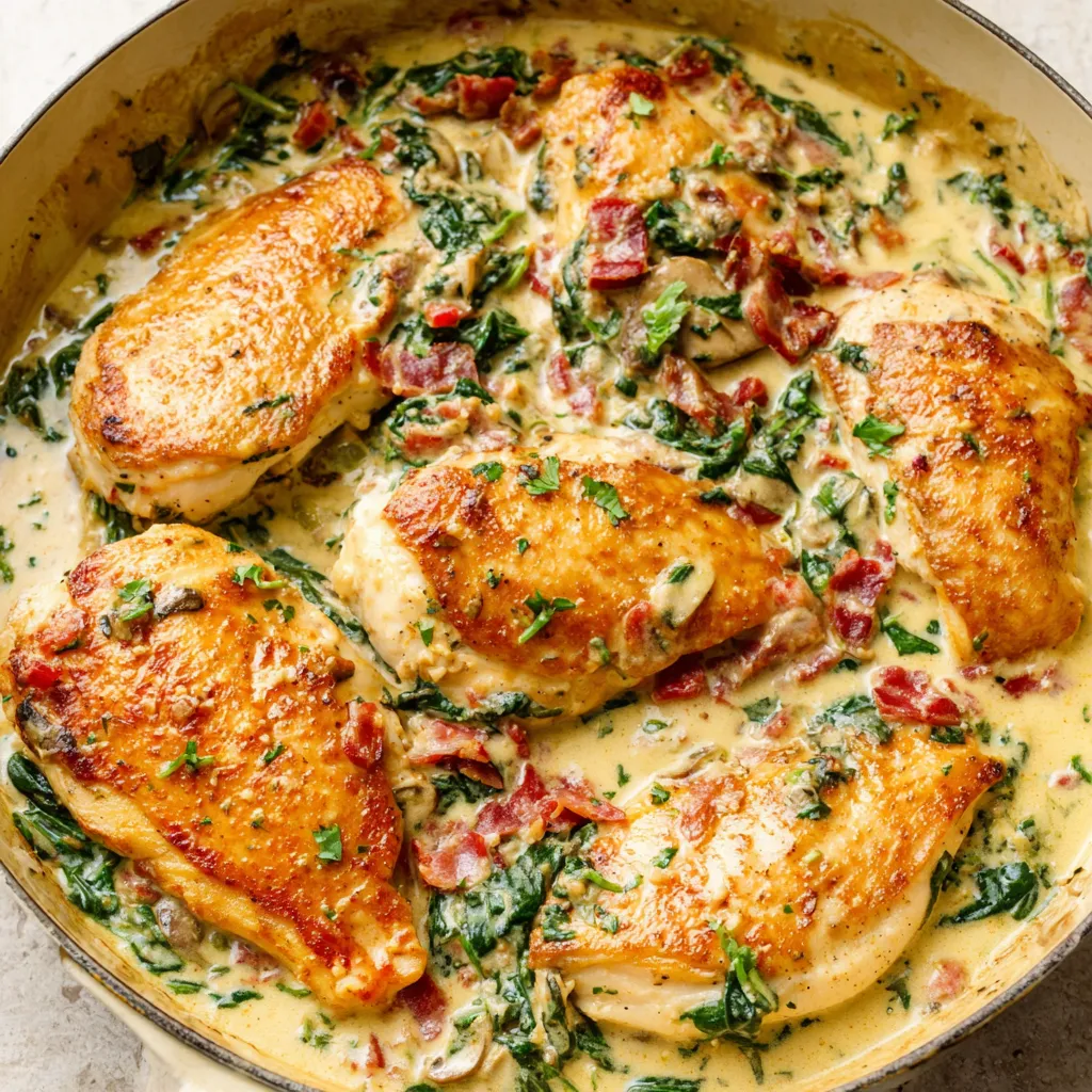 Close-up shot of a delicious-looking plate of Tuscan Chicken, ready to eat.