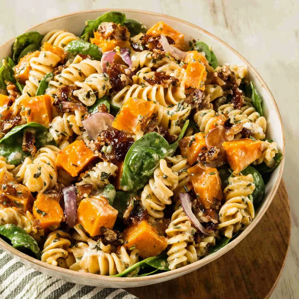 Close-up showing the vibrant ingredients in a delicious Fall Harvest Pasta Salad.